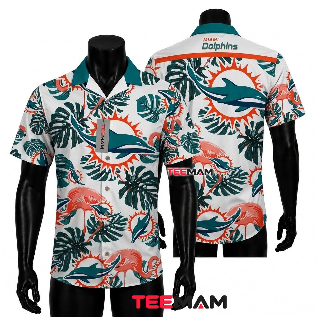 Miami Dolphins Hawaiian Shirt Flamingo Monstera Front