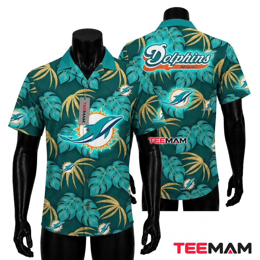 Miami Dolphins Hawaiian Shirt Golden Monstera Front