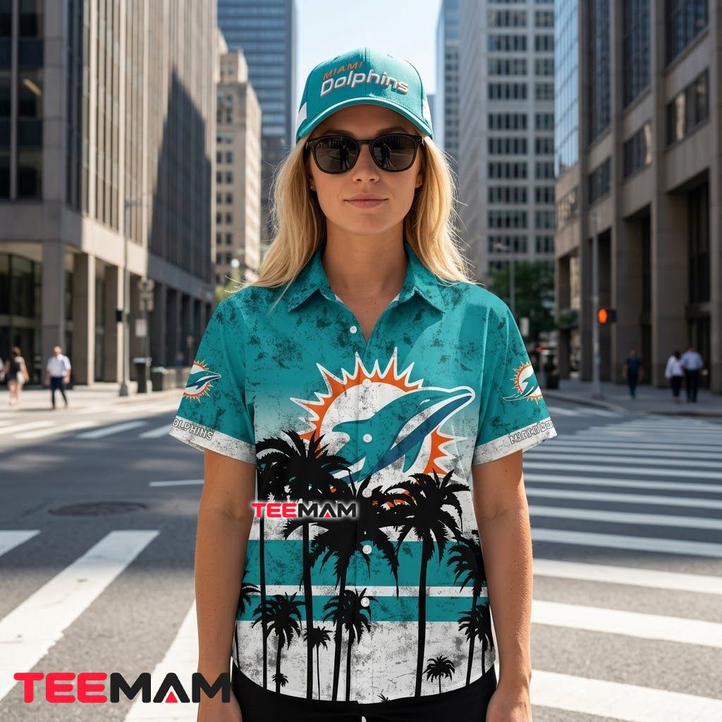 Miami Dolphins Hawaiian Shirt Grunge Palm Back Miami Dolphins Hawaiian Shirt Grunge Palm Back