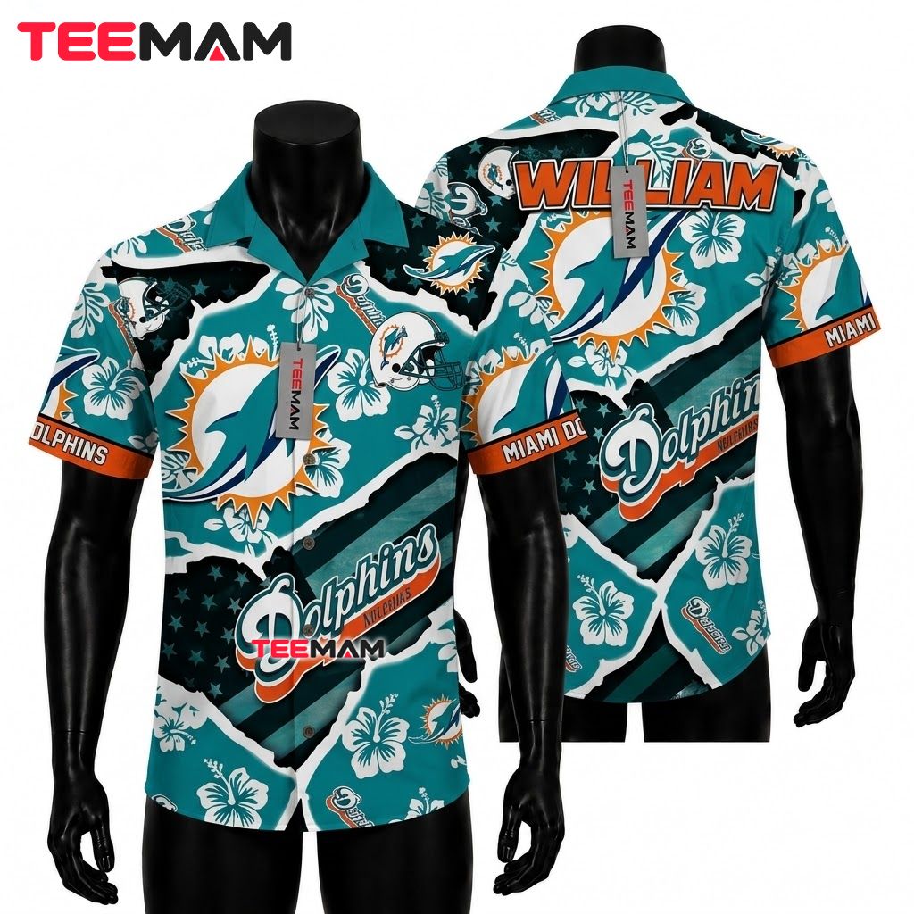 Miami Dolphins Hawaiian Shirt Hibiscus Floral Front