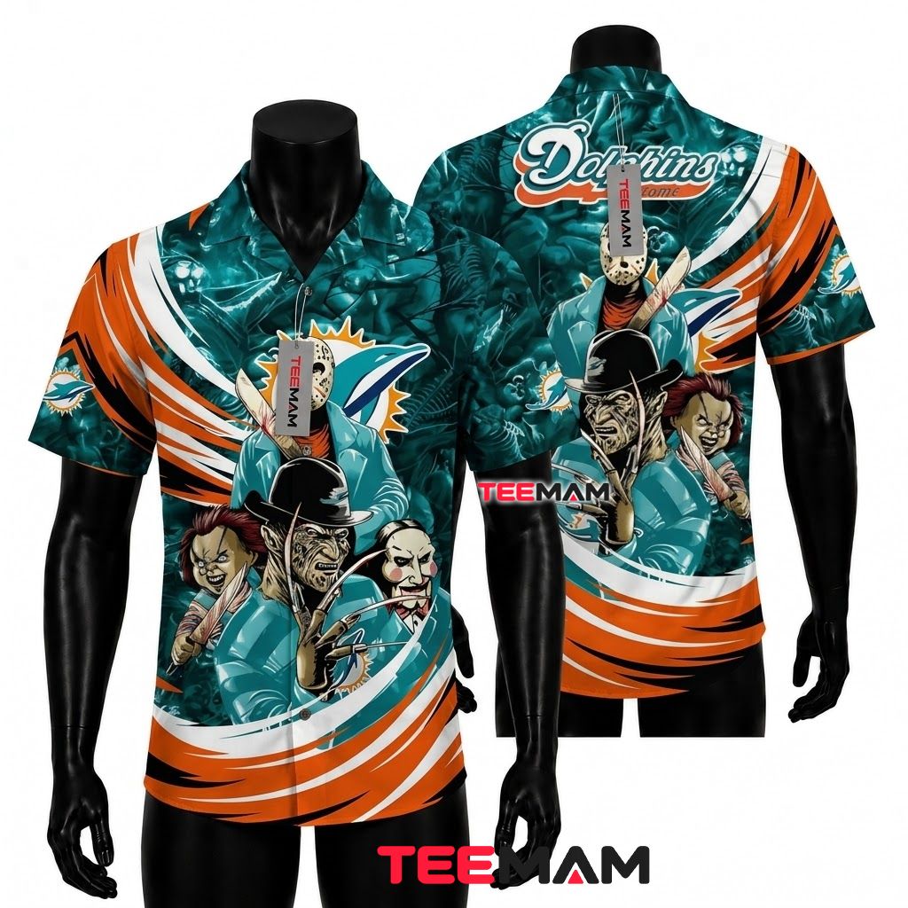 Miami Dolphins Hawaiian Shirt Horror Characters Front