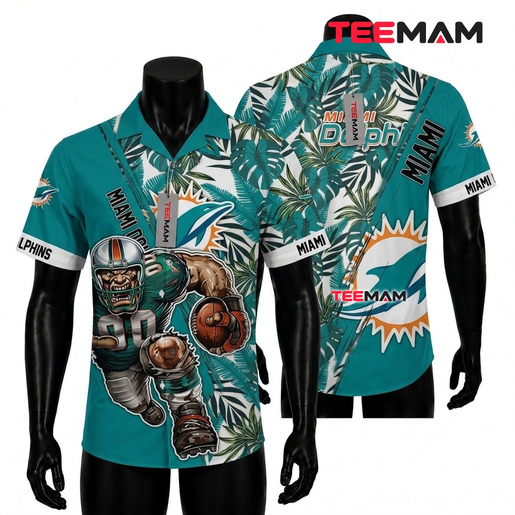 Miami Dolphins Hawaiian Shirt Mascot Rushing Front