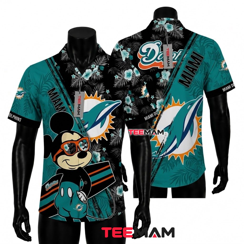 Miami Dolphins Hawaiian Shirt Mickey Surfing Front