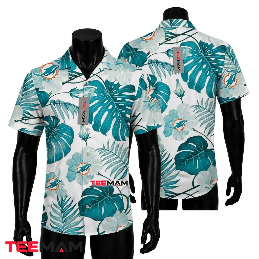 Miami Dolphins Hawaiian Shirt Monstera Leaf Front