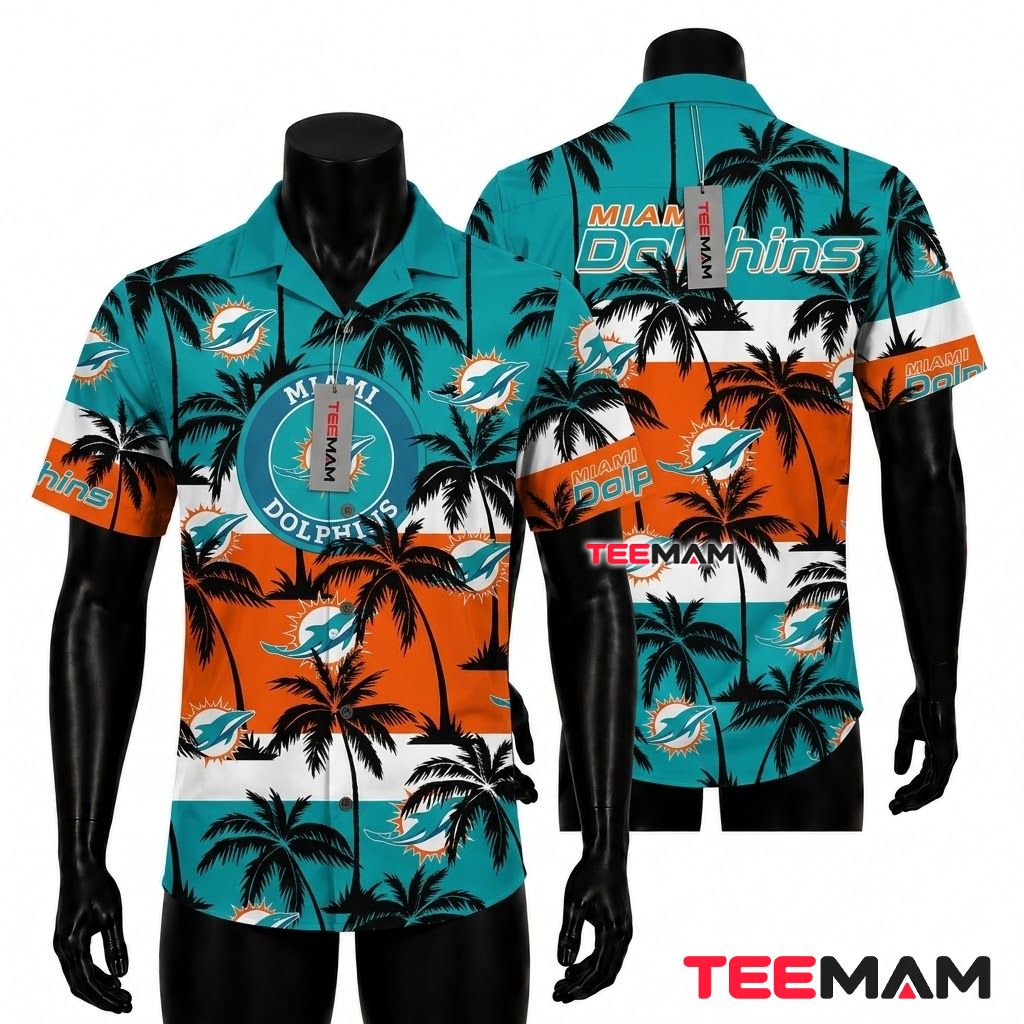 Miami Dolphins Hawaiian Shirt Palm Stripe Beach Front