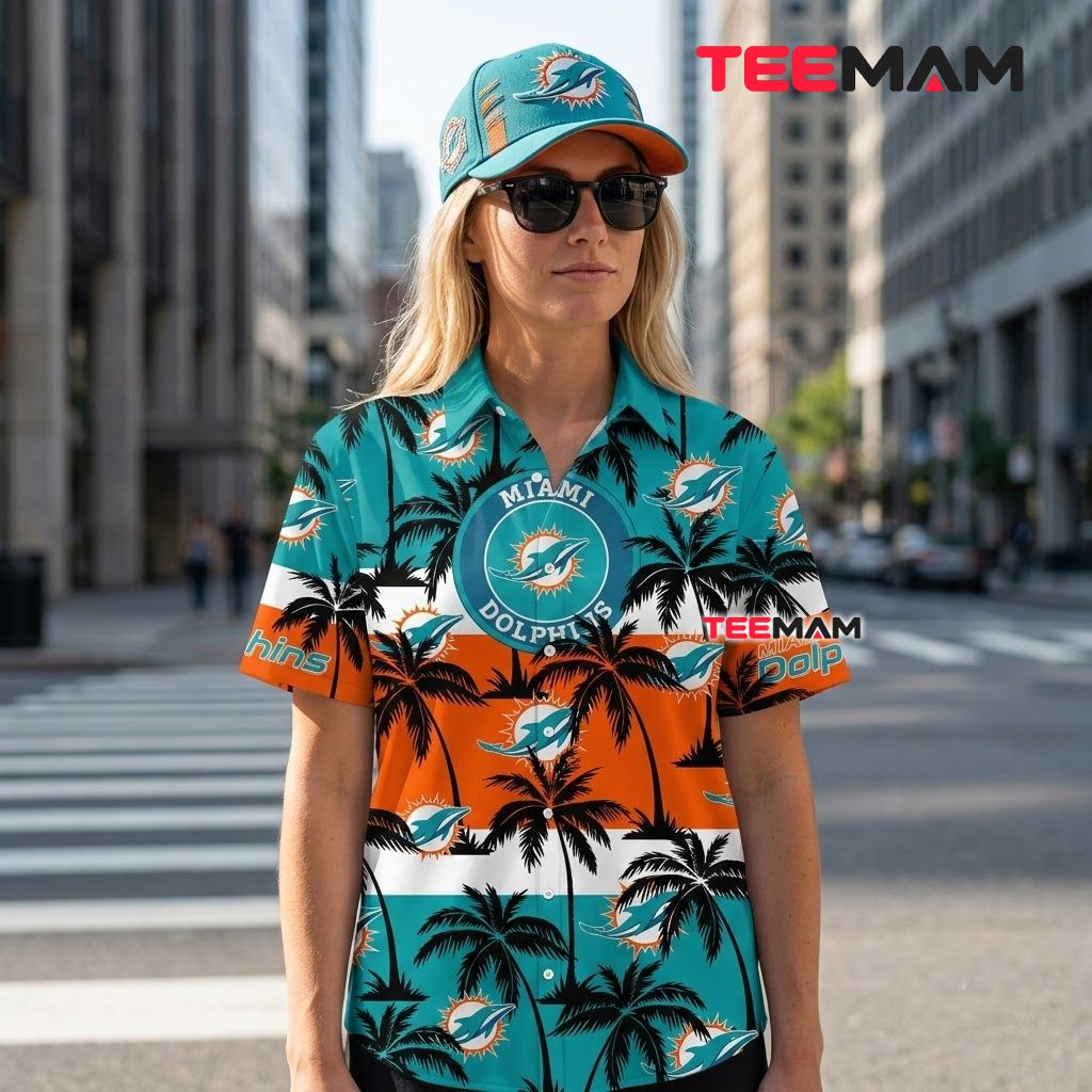 Miami Dolphins Hawaiian Shirt Palm Stripe Beach Back Miami Dolphins Hawaiian Shirt Palm Stripe Beach Back