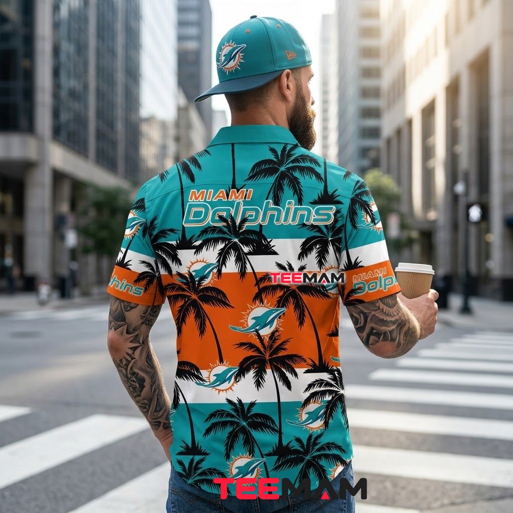 Miami Dolphins Hawaiian Shirt Palm Stripe Beach Version 3 Miami Dolphins Hawaiian Shirt Palm Stripe Beach Version 3