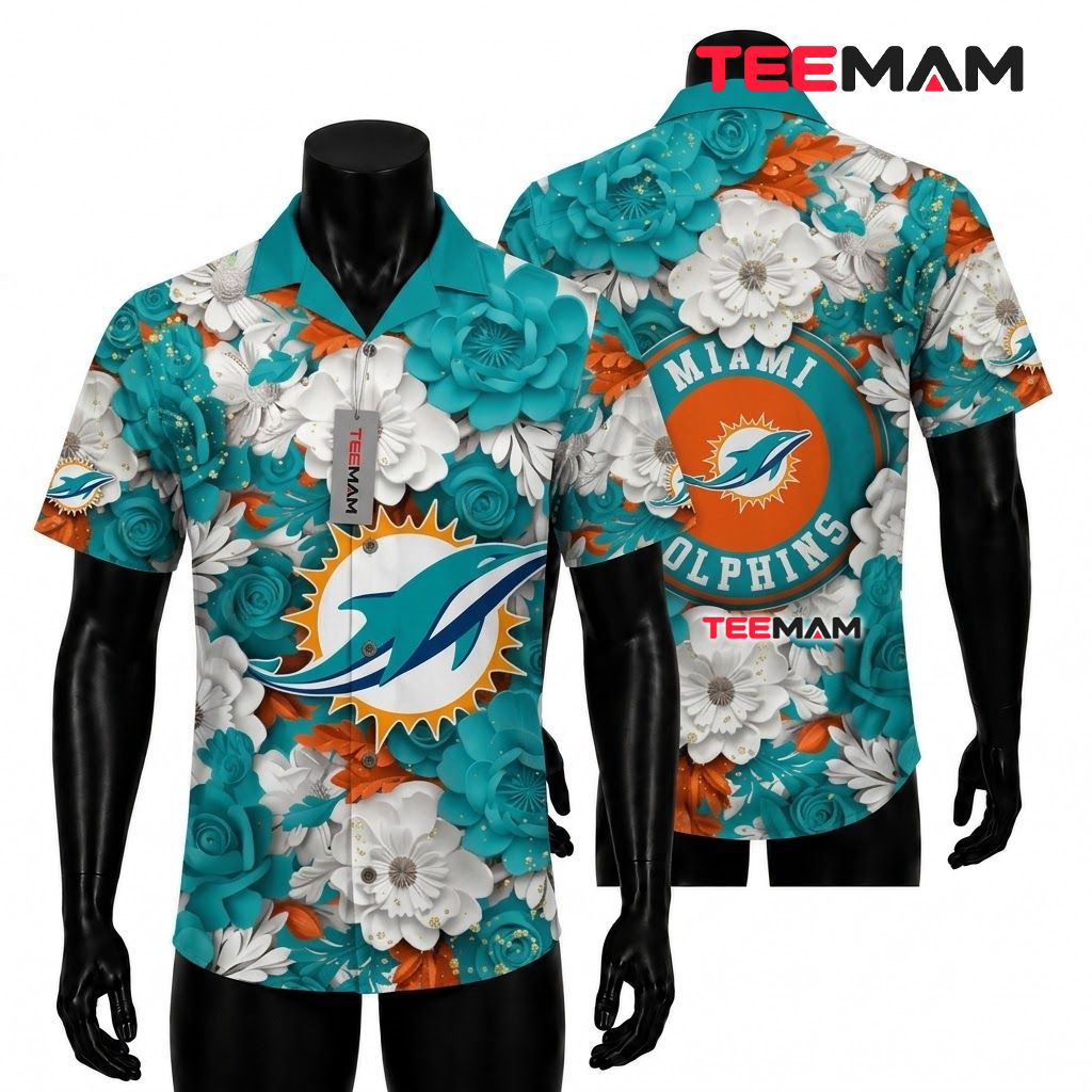 Miami Dolphins Hawaiian Shirt Rose Bloom Front