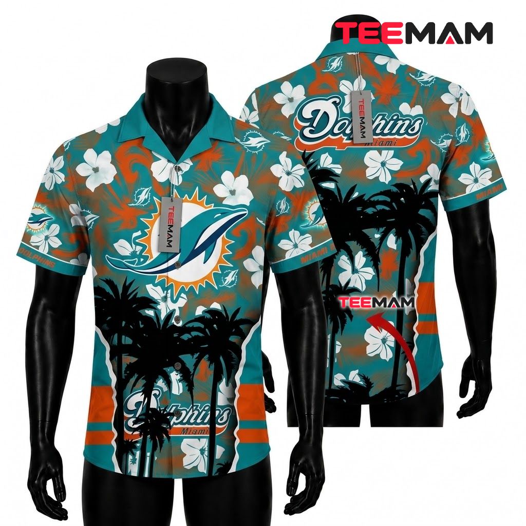 Miami Dolphins Hawaiian Shirt Silhouette Floral Front