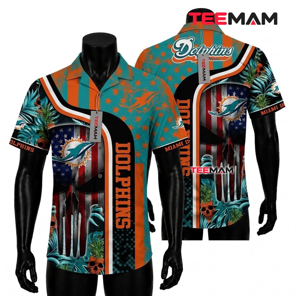Miami Dolphins Hawaiian Shirt Skull Tropical Front