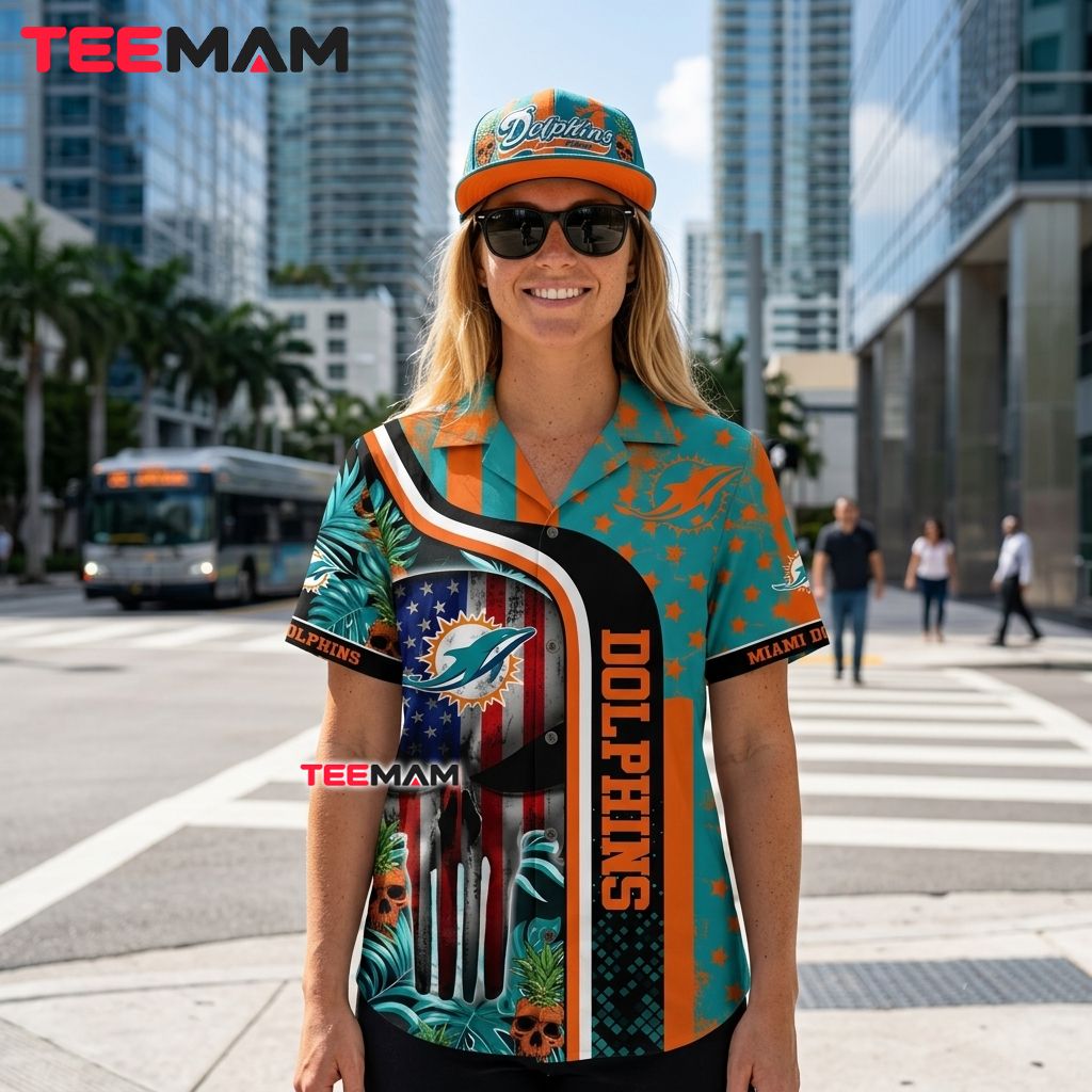 Miami Dolphins Hawaiian Shirt Skull Tropical Back Miami Dolphins Hawaiian Shirt Skull Tropical Back