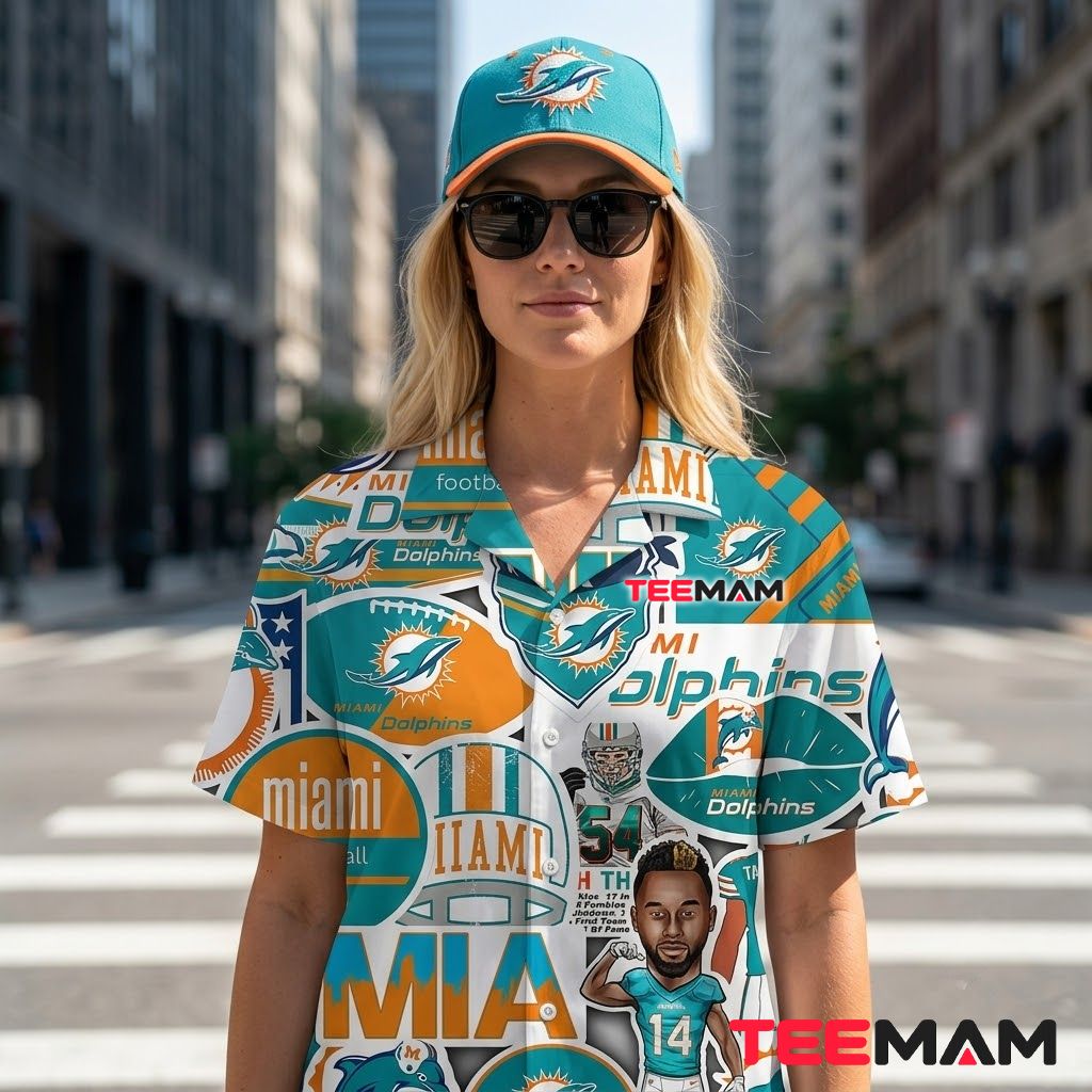 Miami Dolphins Hawaiian Shirt Sticker Collage Back Miami Dolphins Hawaiian Shirt Sticker Collage Back