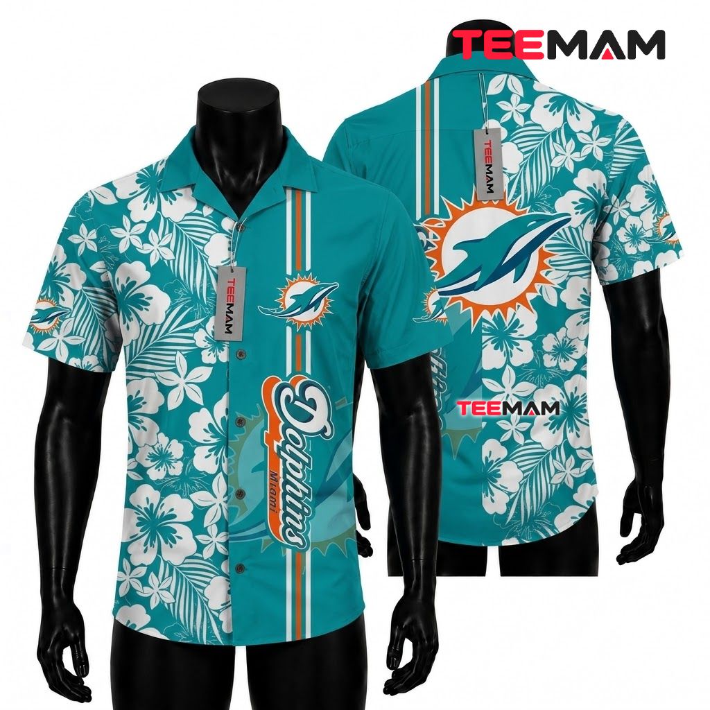 Miami Dolphins Hawaiian Shirt White Hibiscus Beach Front