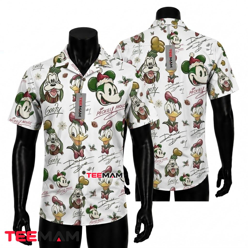 Mickey Mouse Hawaiian Shirt Christmas Friends Signature Print Front