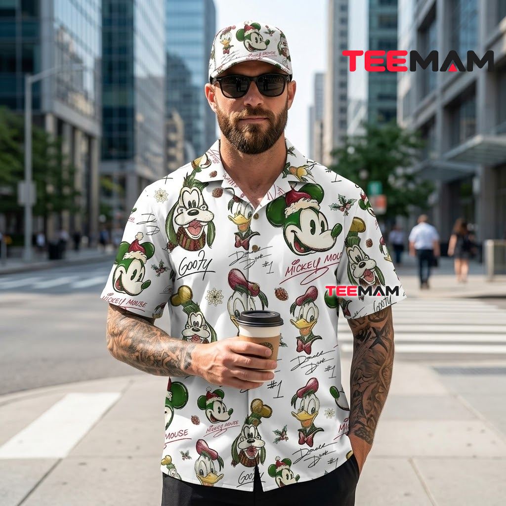 Mickey Mouse Hawaiian Shirt Christmas Friends Signature Print Back Mickey Mouse Hawaiian Shirt Christmas Friends Signature Print Back
