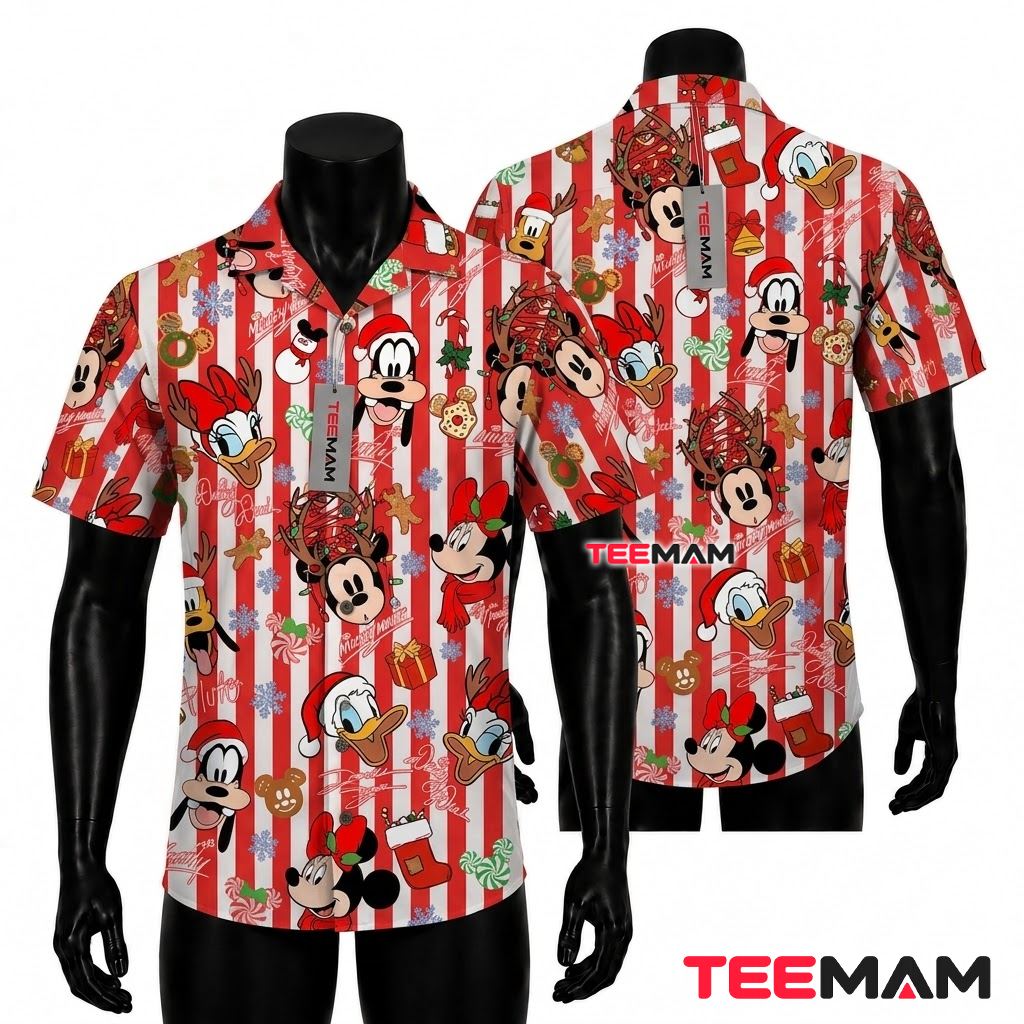 Mickey Mouse Hawaiian Shirt Christmas Stripe Red Print Front