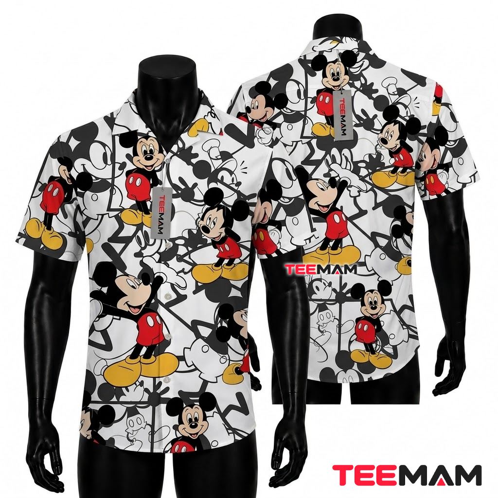 Mickey Mouse Hawaiian Shirt Classic Sketch White Print Front