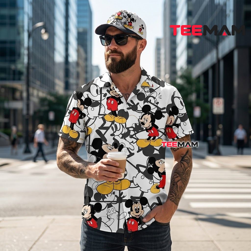 Mickey Mouse Hawaiian Shirt Classic Sketch White Print Back Mickey Mouse Hawaiian Shirt Classic Sketch White Print Back