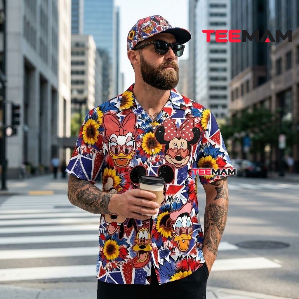 Mickey Mouse Hawaiian Shirt Friends Sunflower Geometric Print Back Mickey Mouse Hawaiian Shirt Friends Sunflower Geometric Print Back