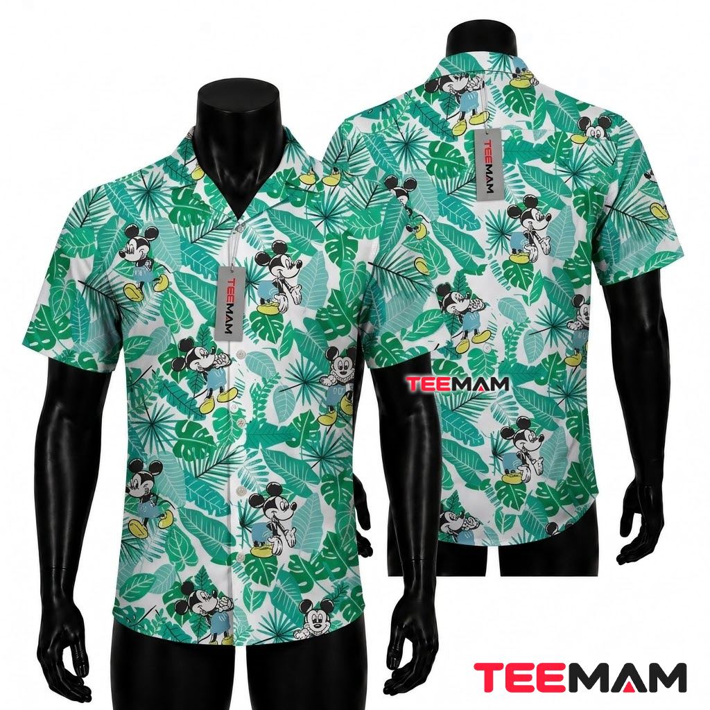 Mickey Mouse Hawaiian Shirt Green Monstera Leaf Print Front