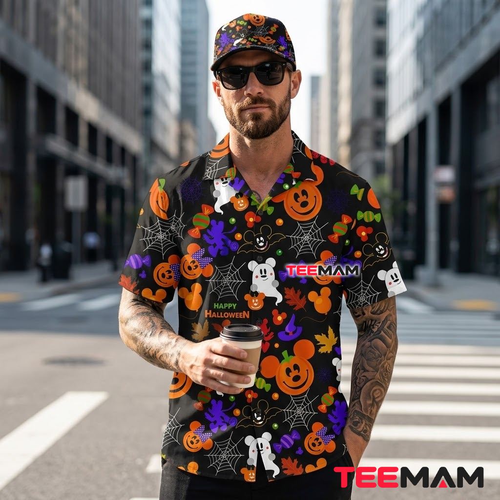 Mickey Mouse Hawaiian Shirt Halloween Pumpkin Ghost Print Back Mickey Mouse Hawaiian Shirt Halloween Pumpkin Ghost Print Back