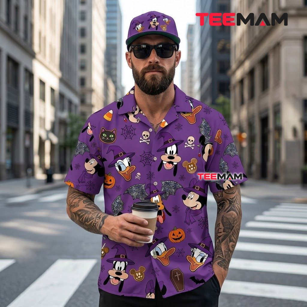 Mickey Mouse Hawaiian Shirt Halloween Purple Friends Print Back Mickey Mouse Hawaiian Shirt Halloween Purple Friends Print Back