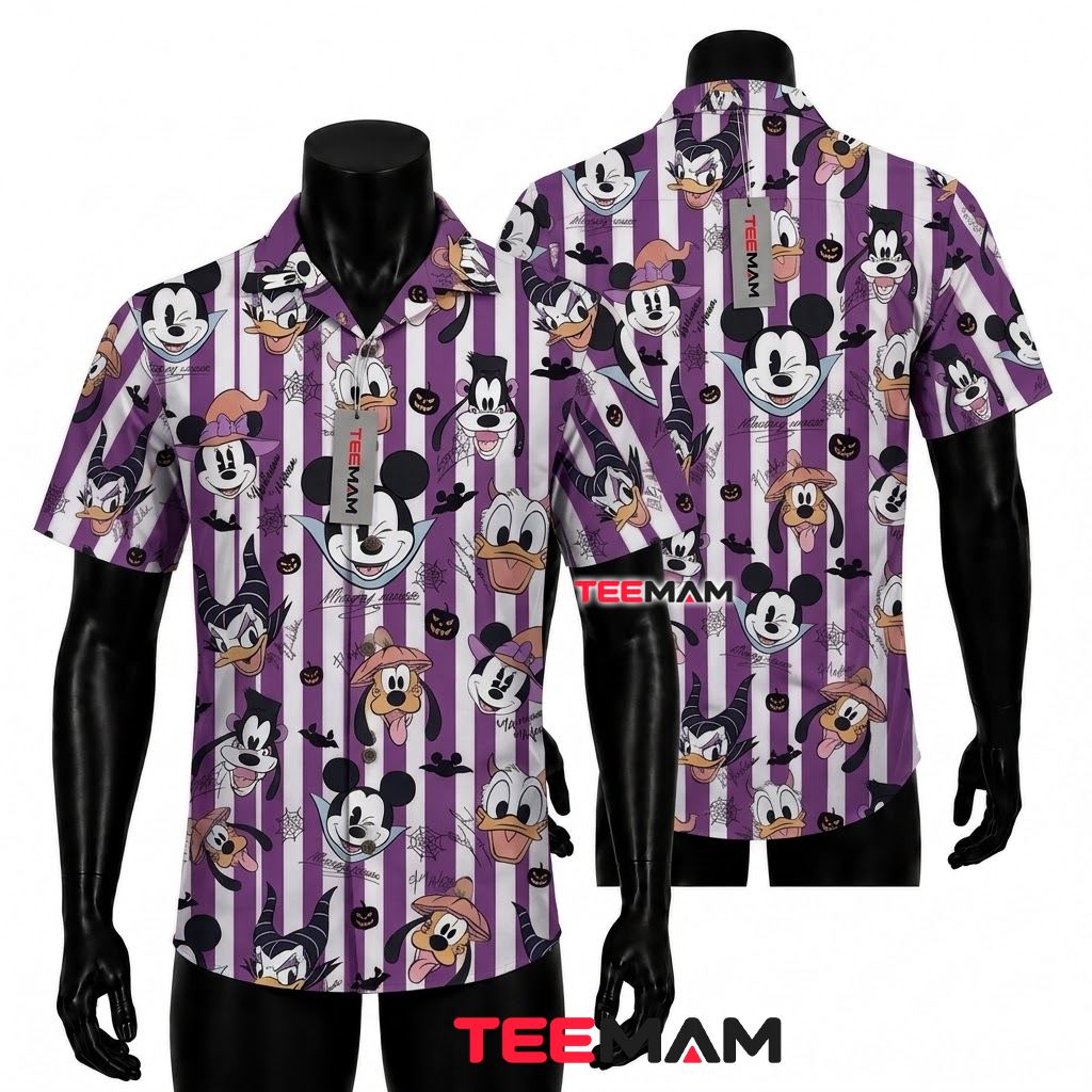 Mickey Mouse Hawaiian Shirt Halloween Purple Stripe Print Front