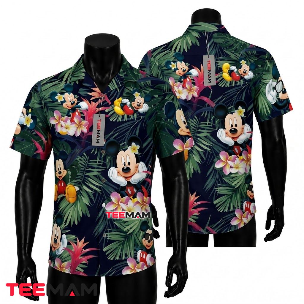 Mickey Mouse Hawaiian Shirt Navy Palm Plumeria Print Front