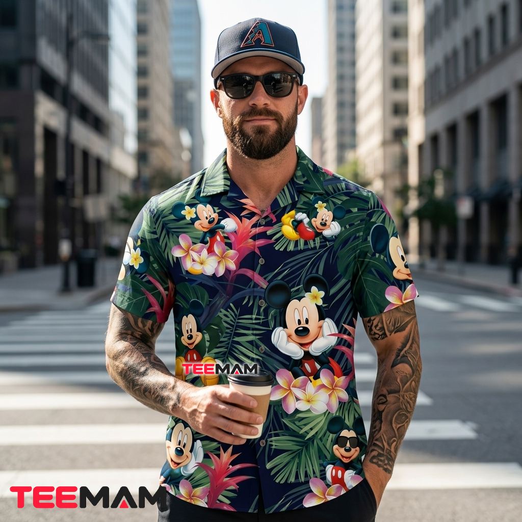 Mickey Mouse Hawaiian Shirt Navy Palm Plumeria Print Back Mickey Mouse Hawaiian Shirt Navy Palm Plumeria Print Back