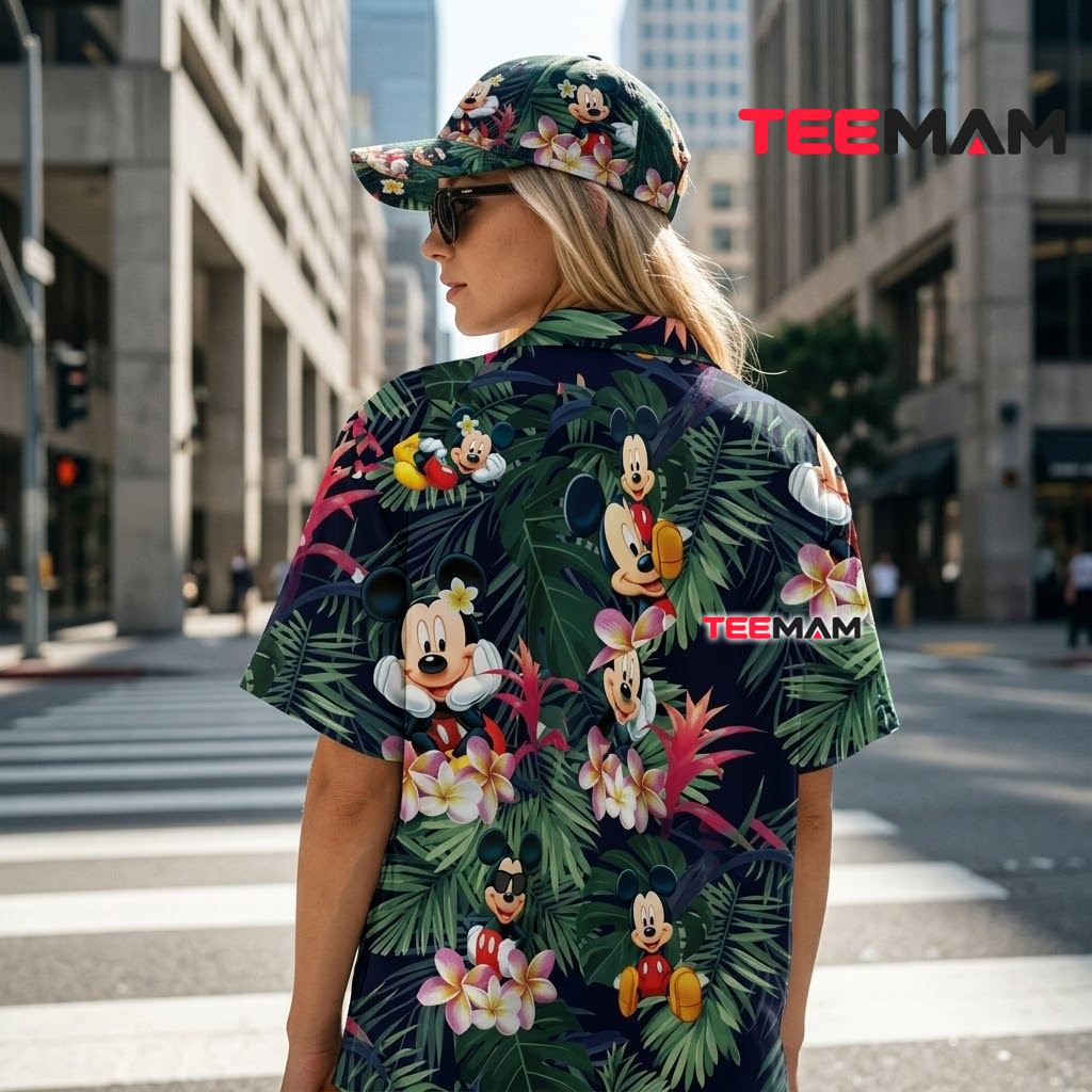 Mickey Mouse Hawaiian Shirt Navy Palm Plumeria Print Version 3 Mickey Mouse Hawaiian Shirt Navy Palm Plumeria Print Version 3