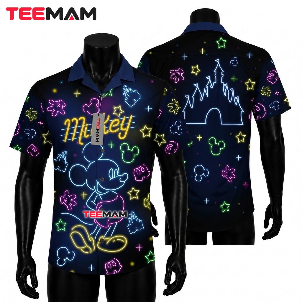 Mickey Mouse Hawaiian Shirt Neon Castle Black Print Front