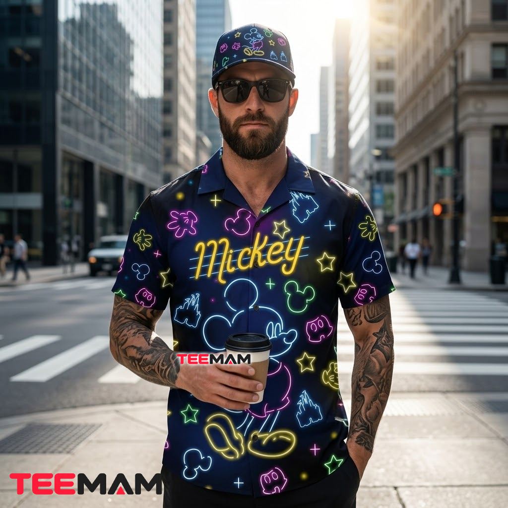 Mickey Mouse Hawaiian Shirt Neon Castle Black Print Back Mickey Mouse Hawaiian Shirt Neon Castle Black Print Back