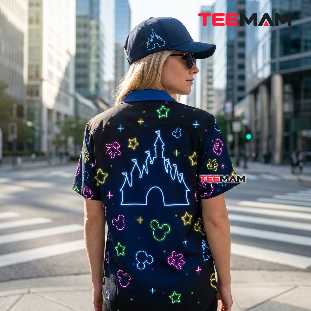 Mickey Mouse Hawaiian Shirt Neon Castle Black Print Version 3 Mickey Mouse Hawaiian Shirt Neon Castle Black Print Version 3