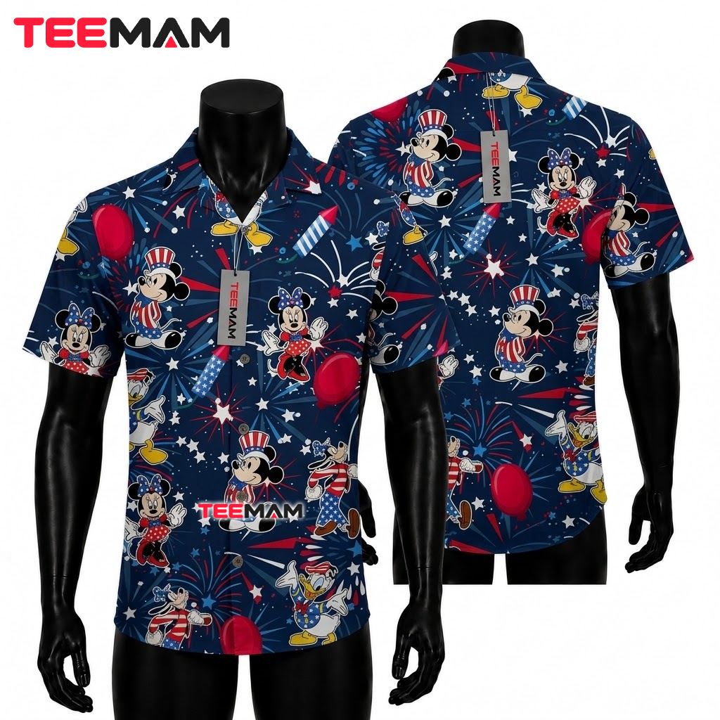 Mickey Mouse Hawaiian Shirt Patriotic Fireworks Navy Print Front