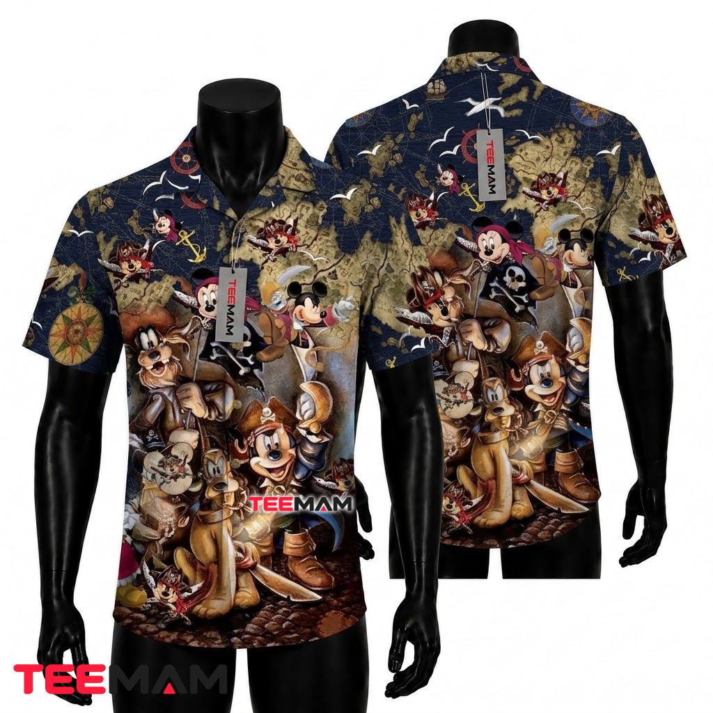 Mickey Mouse Hawaiian Shirt Pirate Crew Navy Print Front