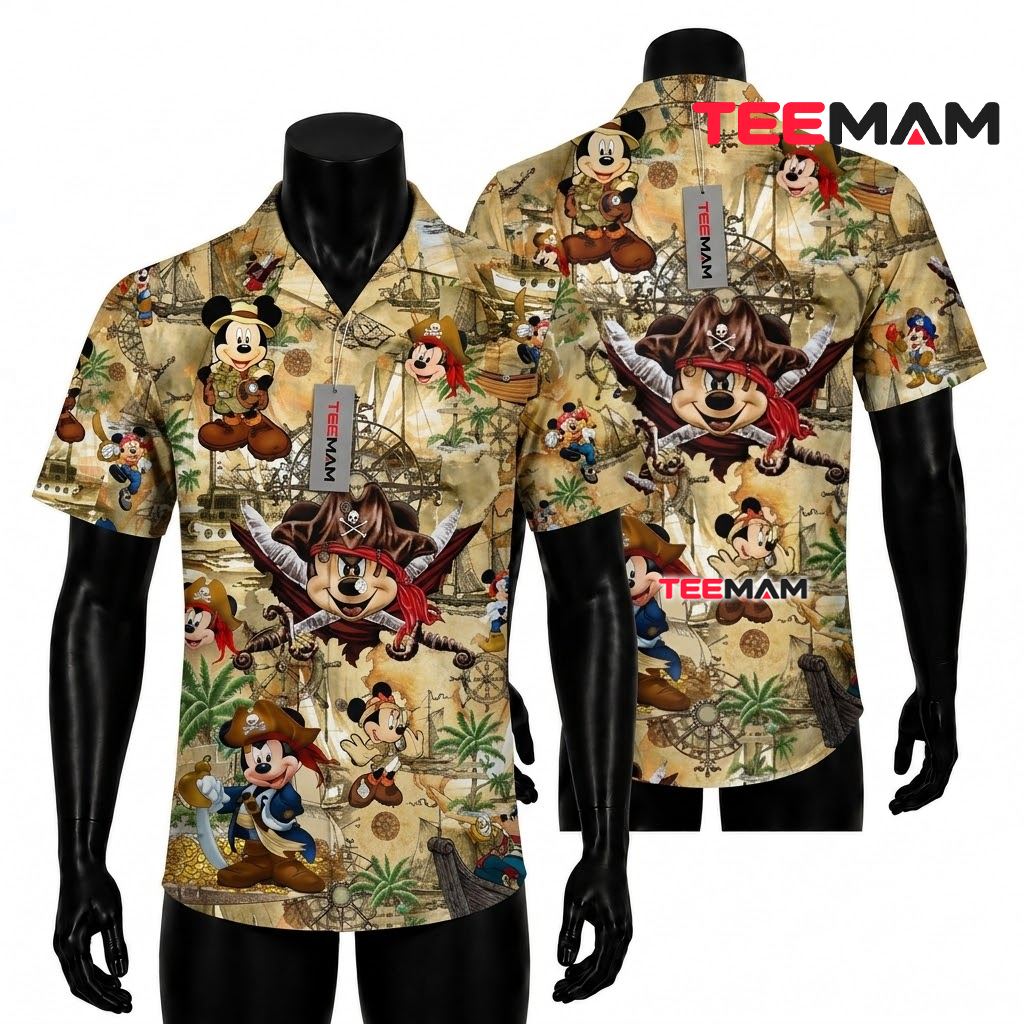 Mickey Mouse Hawaiian Shirt Pirate Ship Vintage Map Print Front