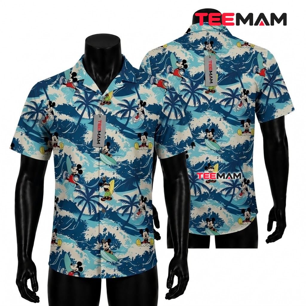 Mickey Mouse Hawaiian Shirt Surfing Ocean Wave Print Front