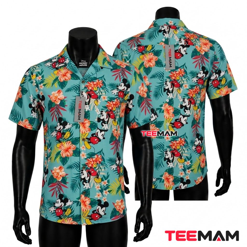 Mickey Mouse Hawaiian Shirt Teal Floral Hibiscus Print Front
