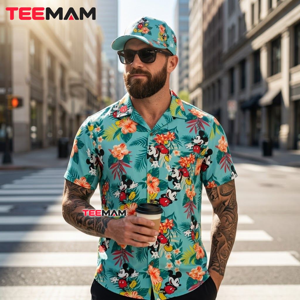 Mickey Mouse Hawaiian Shirt Teal Floral Hibiscus Print Back Mickey Mouse Hawaiian Shirt Teal Floral Hibiscus Print Back