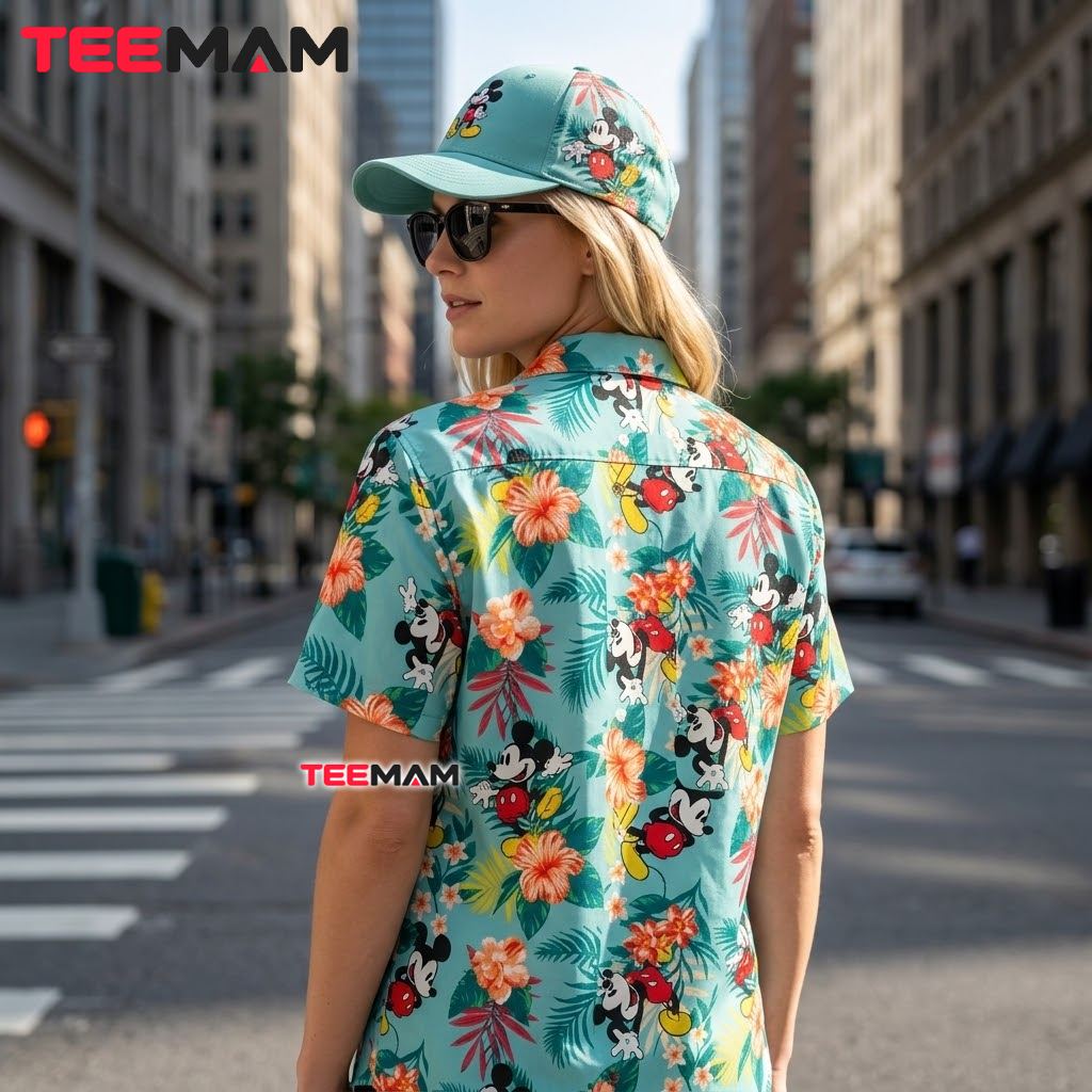 Mickey Mouse Hawaiian Shirt Teal Floral Hibiscus Print Version 3 Mickey Mouse Hawaiian Shirt Teal Floral Hibiscus Print Version 3