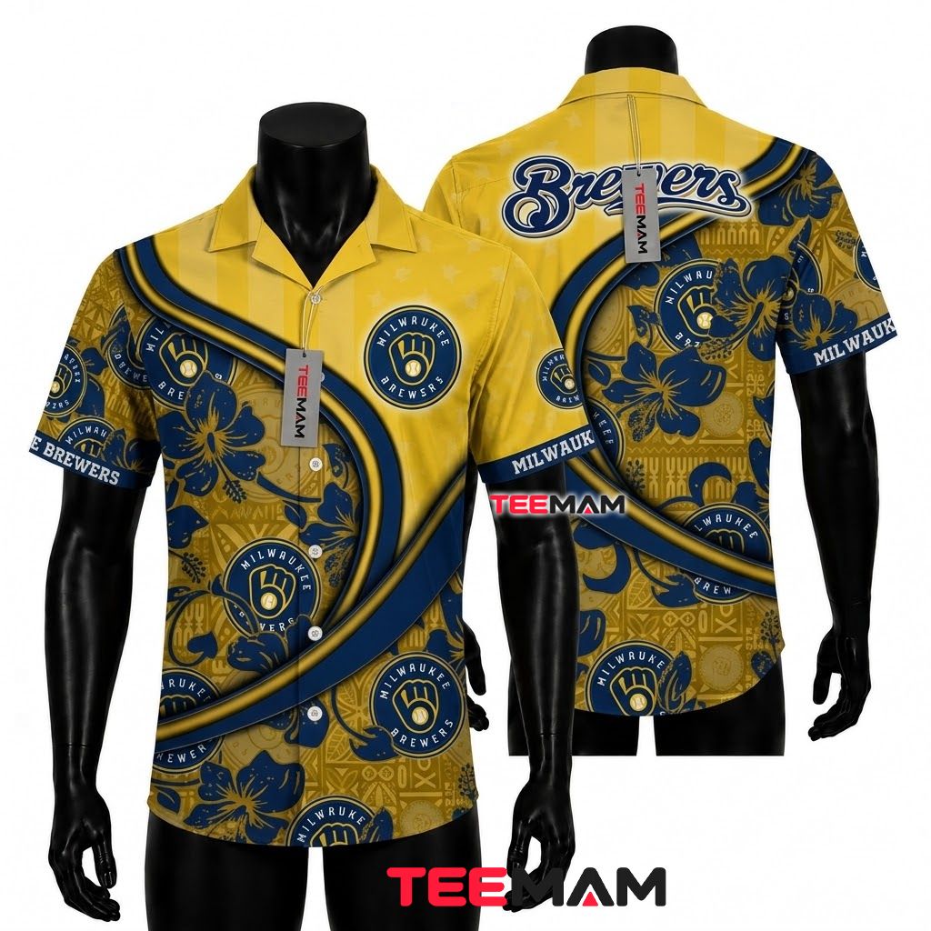 Milwaukee Brewers Aloha Shirt Hibiscus Curve Front