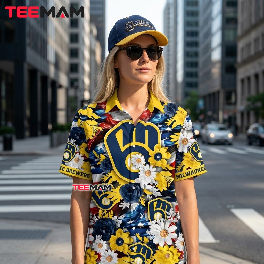Milwaukee Brewers Aloha Shirt Patriotic Daisy Back Milwaukee Brewers Aloha Shirt Patriotic Daisy Back