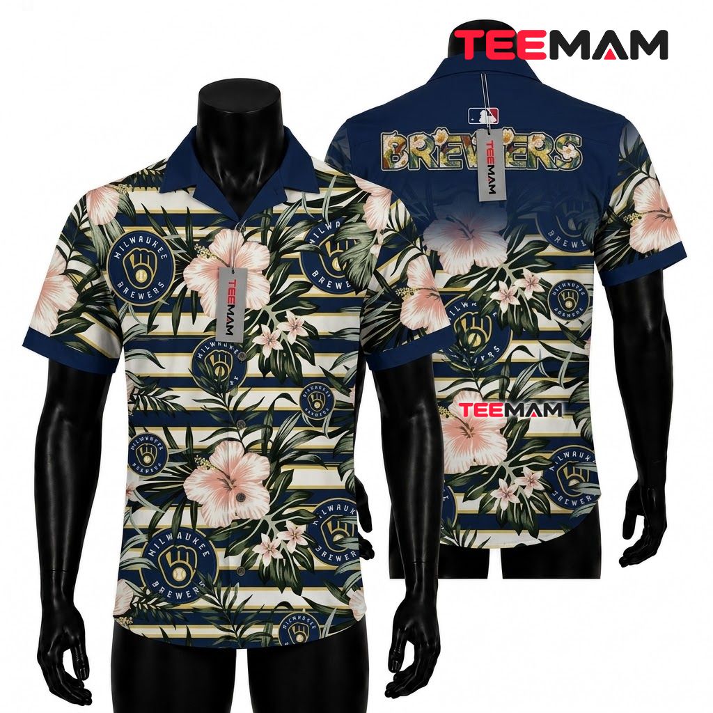 Milwaukee Brewers Aloha Shirt Striped Hibiscus Front