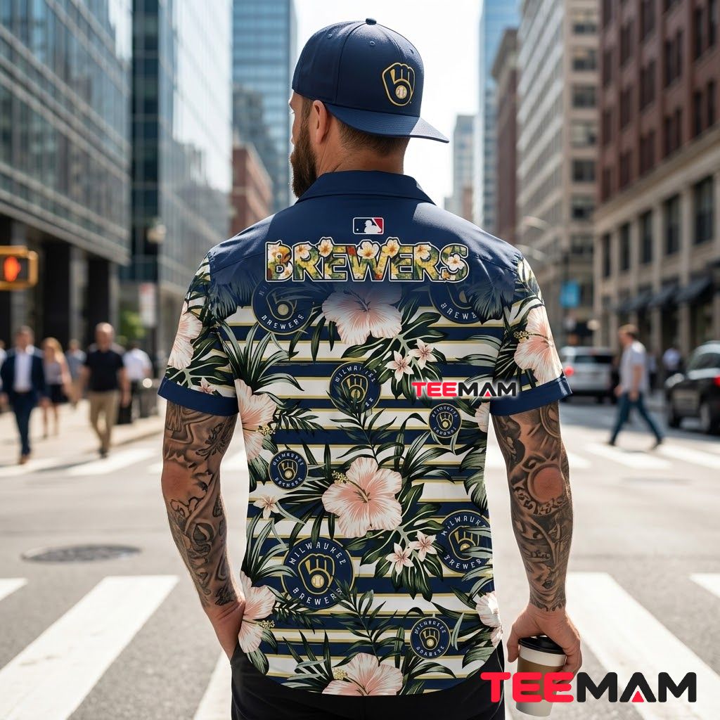 Milwaukee Brewers Aloha Shirt Striped Hibiscus Version 3 Milwaukee Brewers Aloha Shirt Striped Hibiscus Version 3