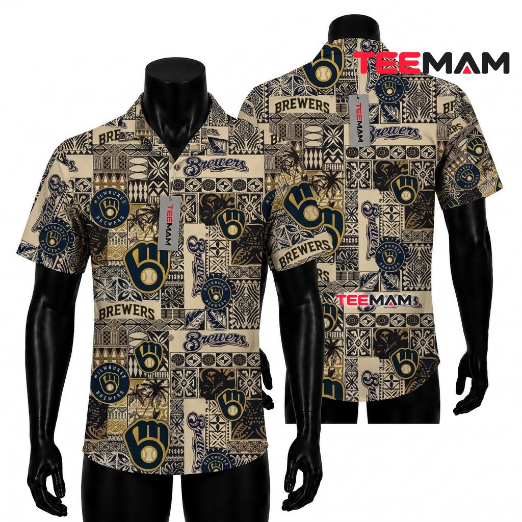 Milwaukee Brewers Aloha Shirt Tribal Patchwork Front Milwaukee Brewers Aloha Shirt Tribal Patchwork Front