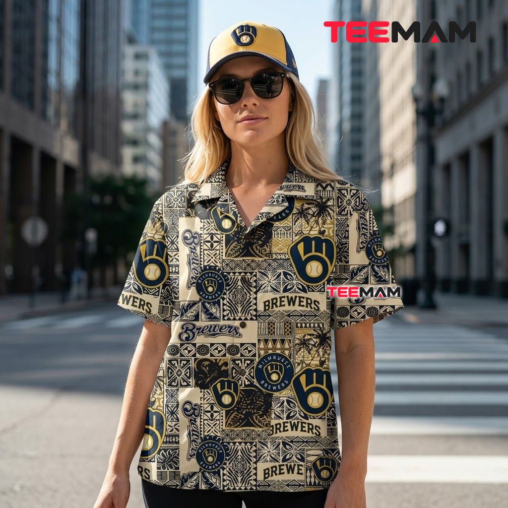 Milwaukee Brewers Aloha Shirt Tribal Patchwork Back Milwaukee Brewers Aloha Shirt Tribal Patchwork Back