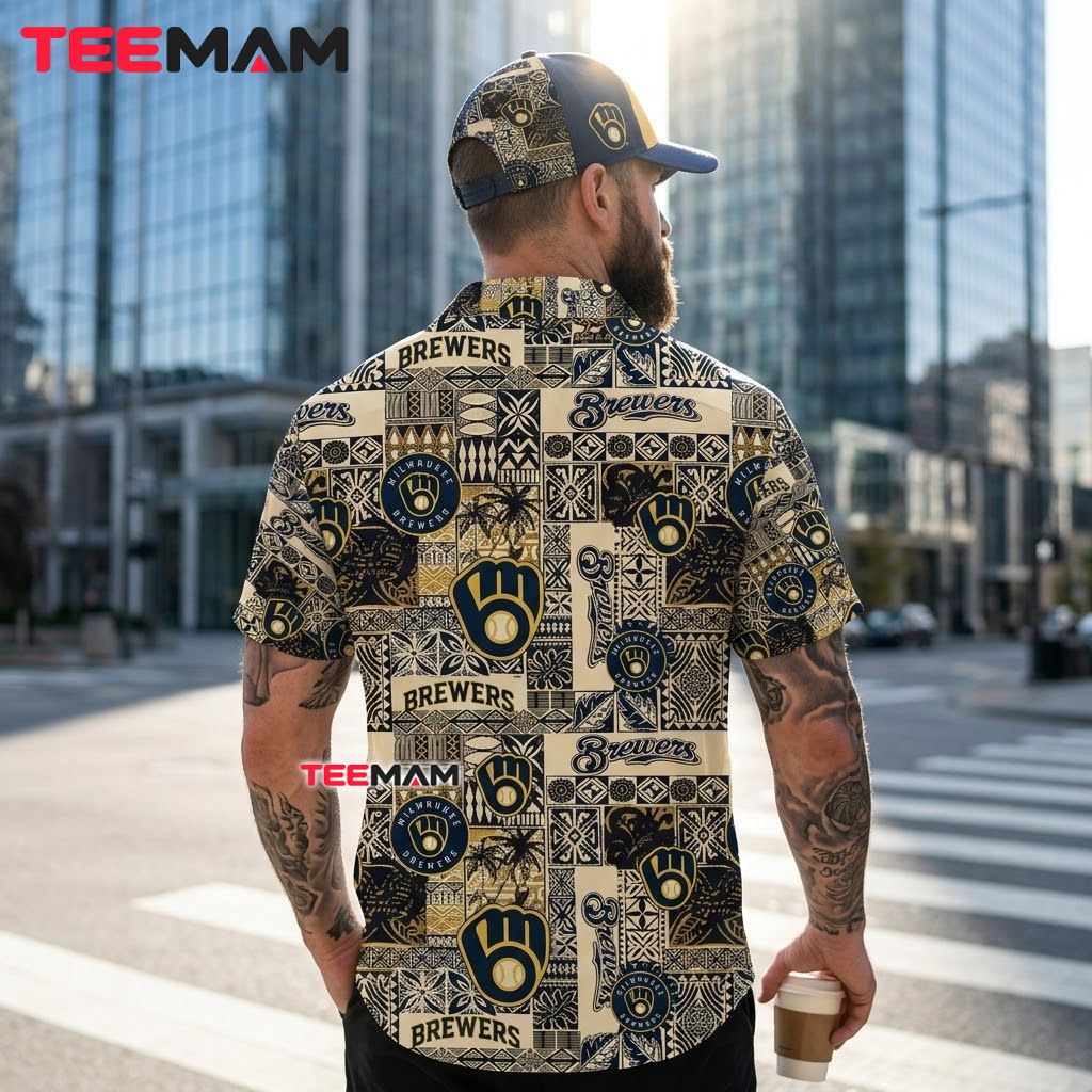 Milwaukee Brewers Aloha Shirt Tribal Patchwork Version 3 Milwaukee Brewers Aloha Shirt Tribal Patchwork Version 3