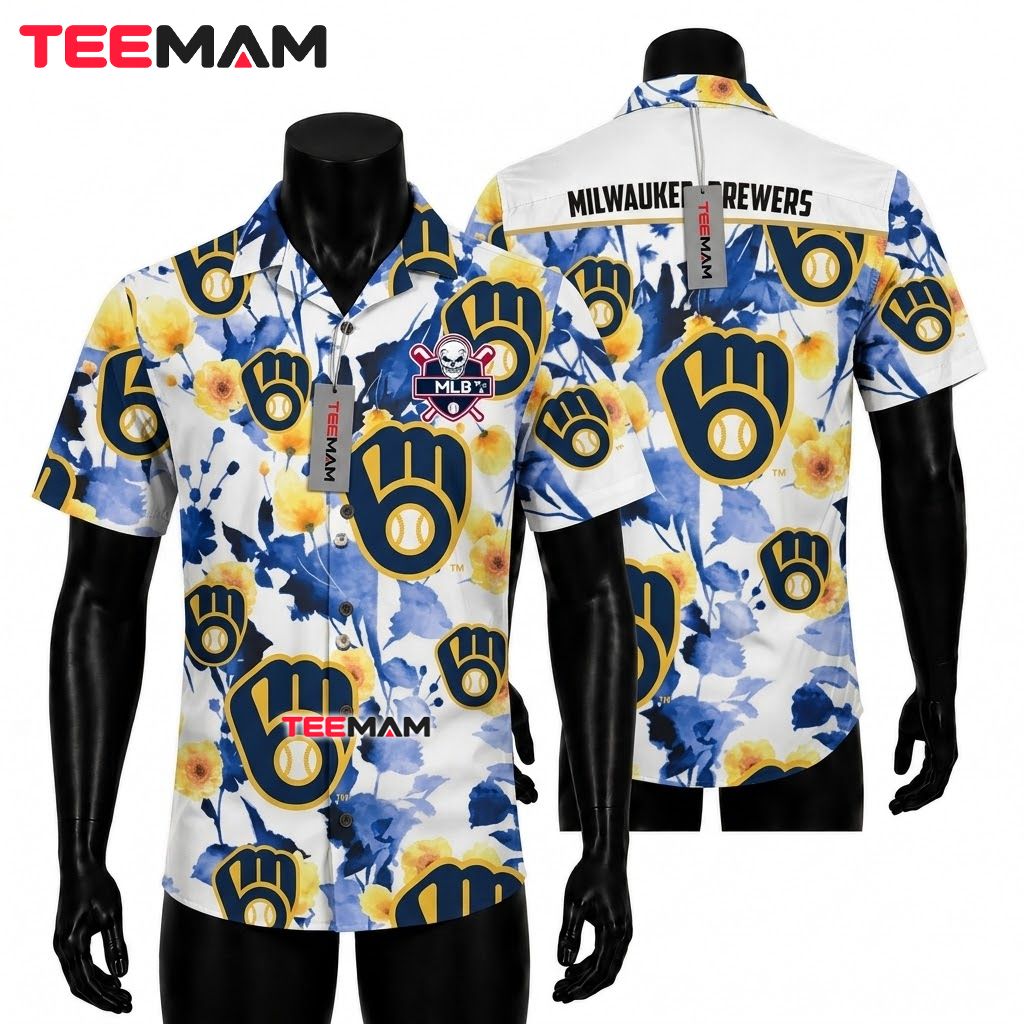 Milwaukee Brewers Aloha Shirt Watercolor Floral Front