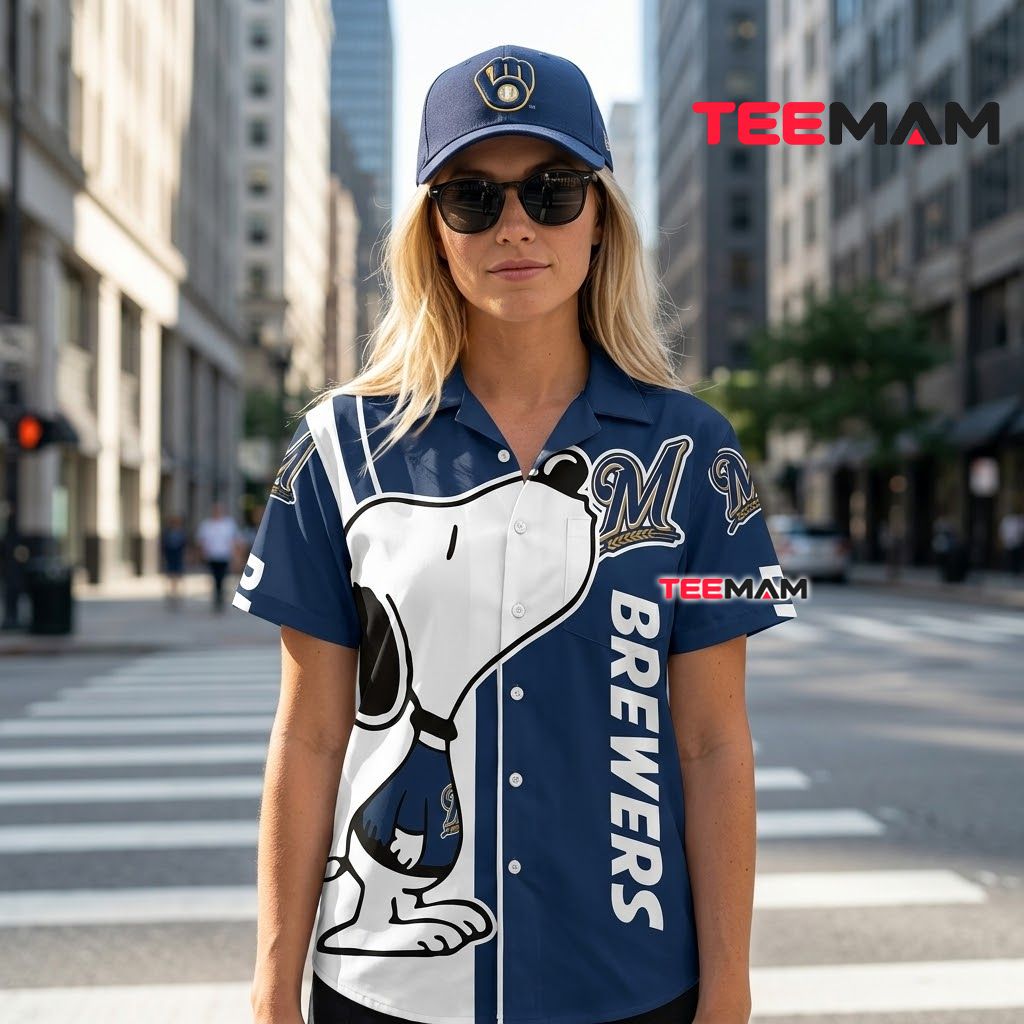 Milwaukee Brewers Button Up Shirt Snoopy Cool Back Milwaukee Brewers Button Up Shirt Snoopy Cool Back
