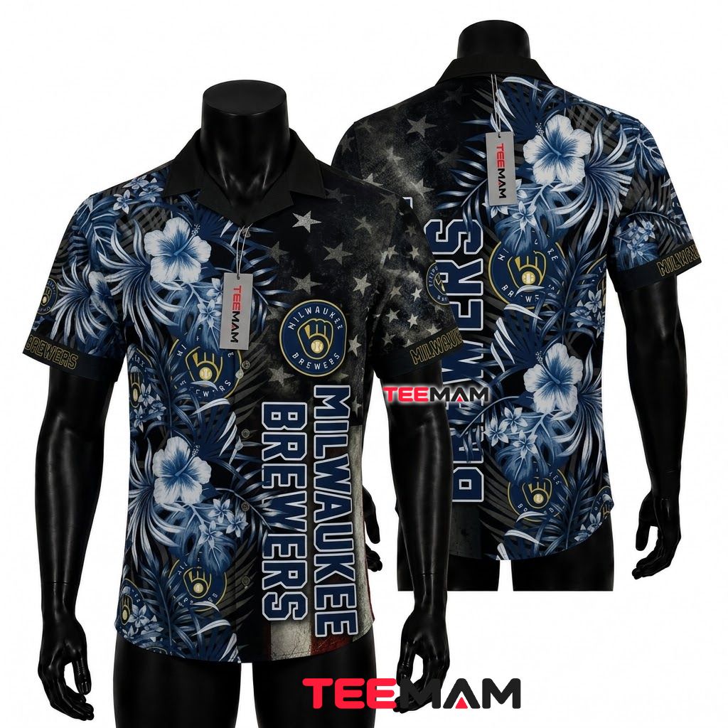 Milwaukee Brewers Hawaiian Shirt American Flag Floral Front